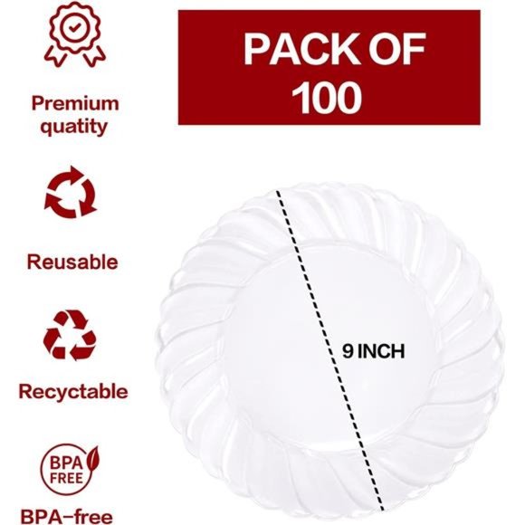 100 Pieces Clear Plastic Plates - 9 Inch Clear Disposable Plates - Washable - Picture 3 of 7